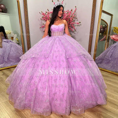 Misshow Strapless Lilac Tulle Quinceanera Dress Tiered Ball Gown with Bow Detail for Sweet 16 & Princess Evening Parties