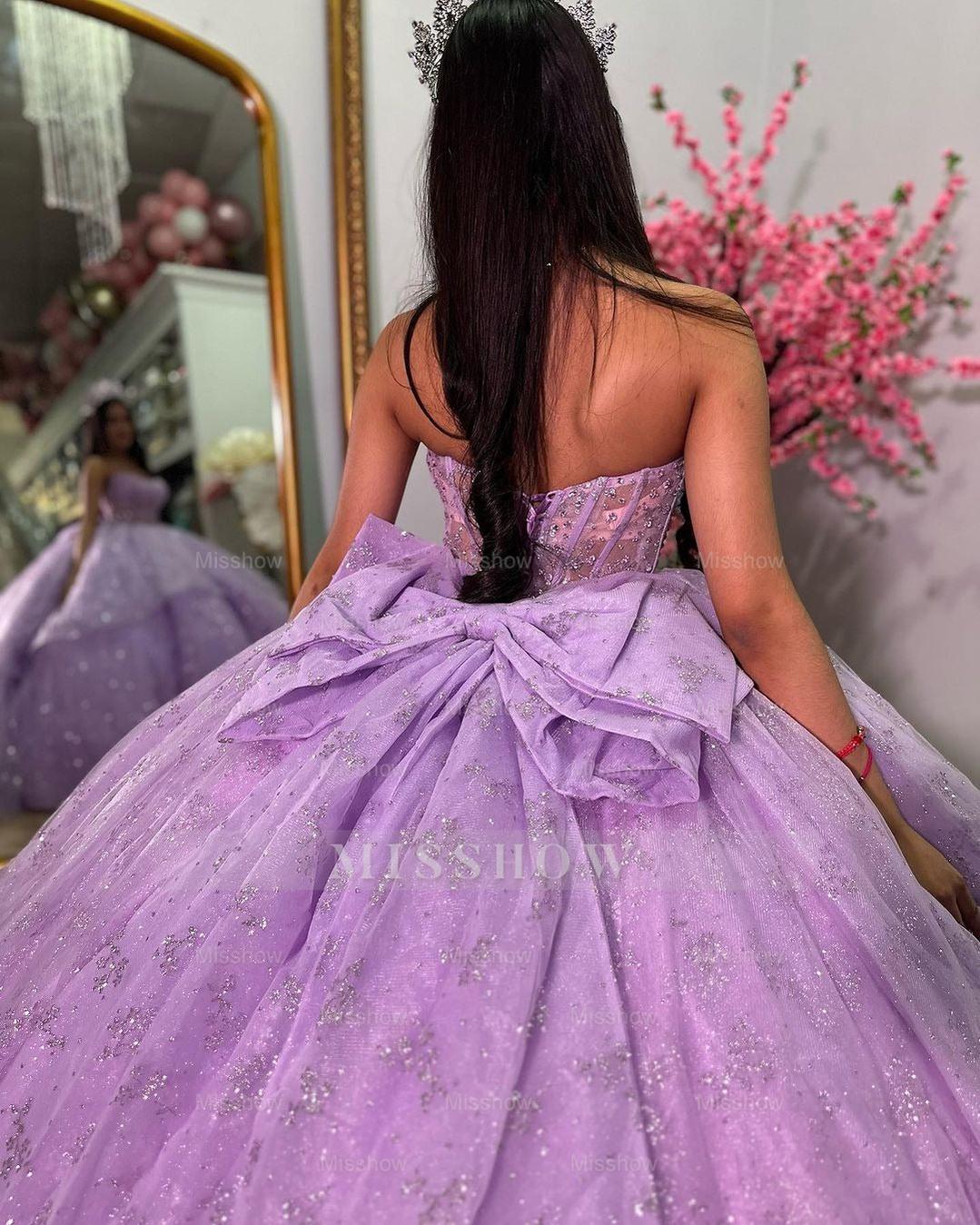 Misshow Strapless Lilac Tulle Quinceanera Dress Tiered Ball Gown with Bow Detail for Sweet 16 & Princess Evening Parties