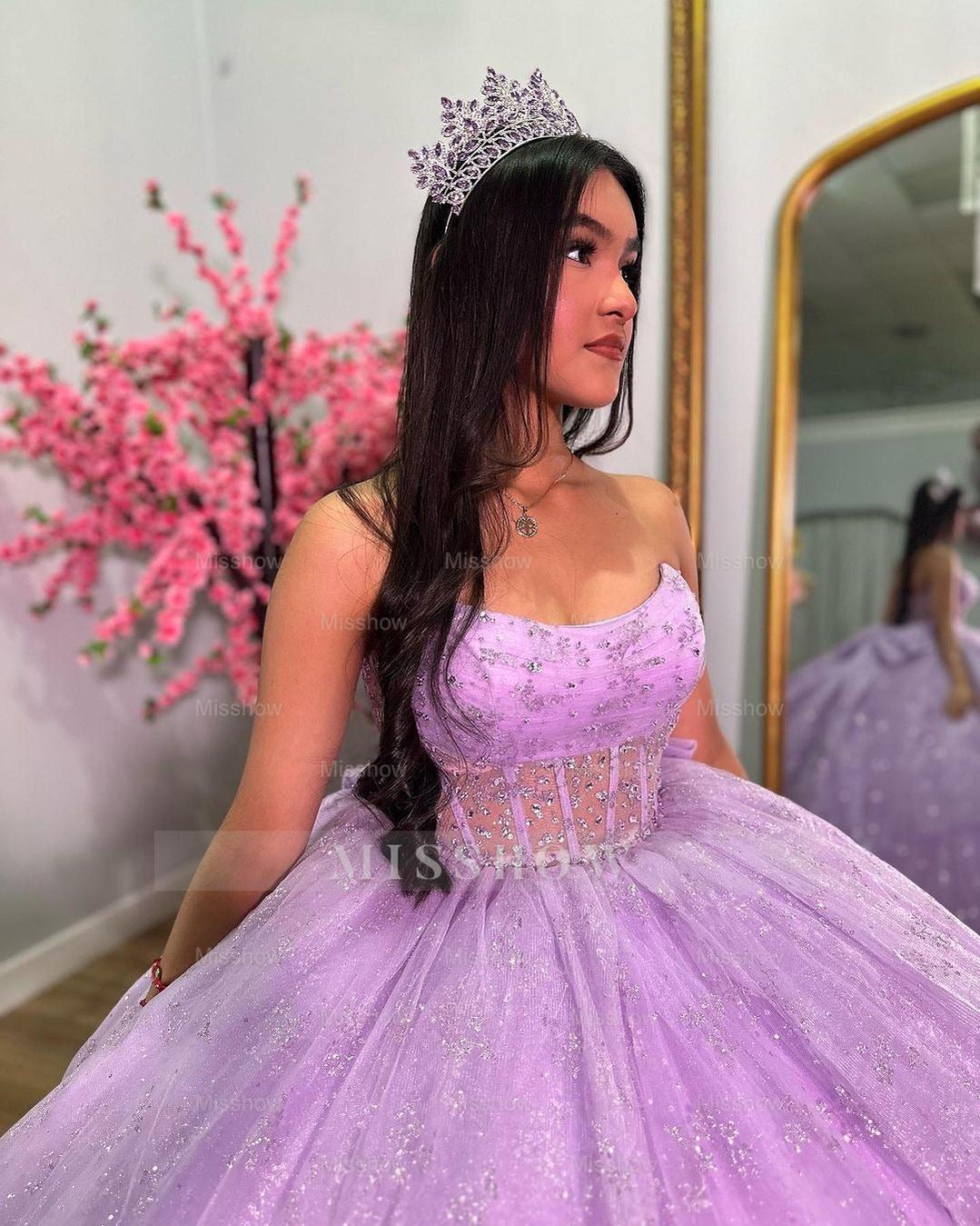 Misshow Strapless Lilac Tulle Quinceanera Dress Tiered Ball Gown with Bow Detail for Sweet 16 & Princess Evening Parties