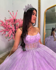 Misshow Strapless Lilac Tulle Quinceanera Dress Tiered Ball Gown with Bow Detail for Sweet 16 & Princess Evening Parties