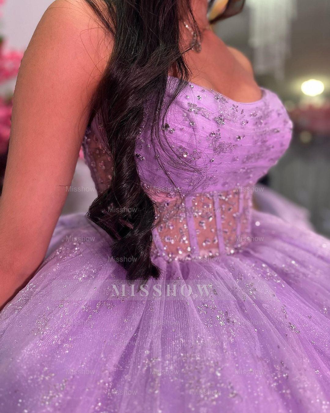 Misshow Strapless Lilac Tulle Quinceanera Dress Tiered Ball Gown with Bow Detail for Sweet 16 & Princess Evening Parties