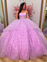 Misshow Strapless Lilac Tulle Quinceanera Dress Tiered Ball Gown with Bow Detail for Sweet 16 & Princess Evening Parties