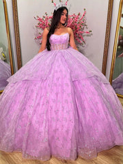 Misshow Strapless Lilac Tulle Quinceanera Dress Tiered Ball Gown with Bow Detail for Sweet 16 & Princess Evening Parties