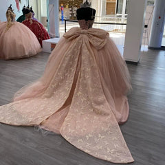 Misshow Strapless Pink Tulle Ball Gown with 3D Butterflies & Bow Knot Quinceanera & Sweet 16 Princess Dress