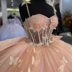 Misshow Strapless Pink Tulle Ball Gown with 3D Butterflies & Bow Knot Quinceanera & Sweet 16 Princess Dress