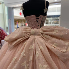 Misshow Strapless Pink Tulle Ball Gown with 3D Butterflies & Bow Knot Quinceanera & Sweet 16 Princess Dress
