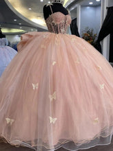 Misshow Strapless Pink Tulle Ball Gown with 3D Butterflies & Bow Knot Quinceanera & Sweet 16 Princess Dress