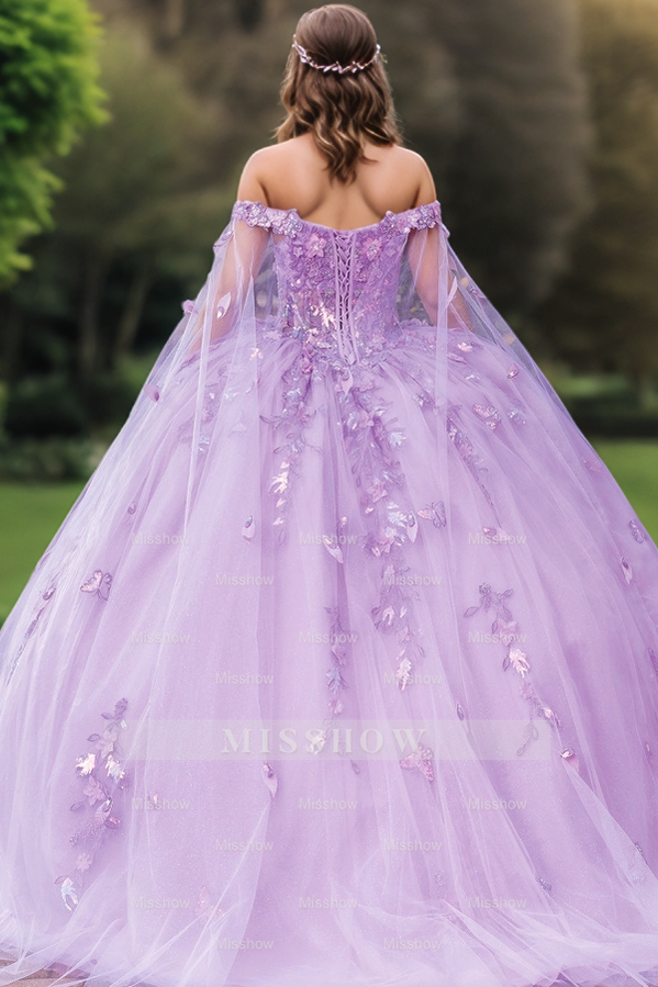 Misshow Stunning Off-Shoulder Purple Tulle Quinceanera Dress with Sequins & Appliques Sweet 16 or Birthday Party Gown