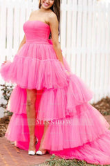 Misshow Stylish High Low Strapless Fuchsia Prom Dress with Ruffles