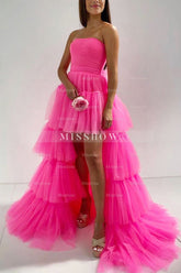 Misshow Stylish High Low Strapless Fuchsia Prom Dress with Ruffles