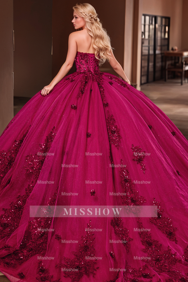 Misshow Sweetheart Neckline Ball Gown Floral Lace Applique Sweep Train & Lace-Up Back in Plum Tulle for Quinceanera & Sweet 16 Celebrations