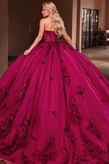 Misshow Sweetheart Neckline Ball Gown Floral Lace Applique Sweep Train & Lace-Up Back in Plum Tulle for Quinceanera & Sweet 16 Celebrations