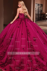 Misshow Sweetheart Neckline Ball Gown Floral Lace Applique Sweep Train & Lace-Up Back in Plum Tulle for Quinceanera & Sweet 16 Celebrations