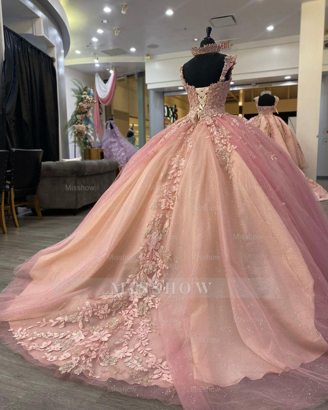 Misshow Sweetheart Neckline Ball Gown Sleeveless Lace Applique & Beaded Pink Tulle Princess Dress for Quinceanera Sweet 16 or Birthday Parties