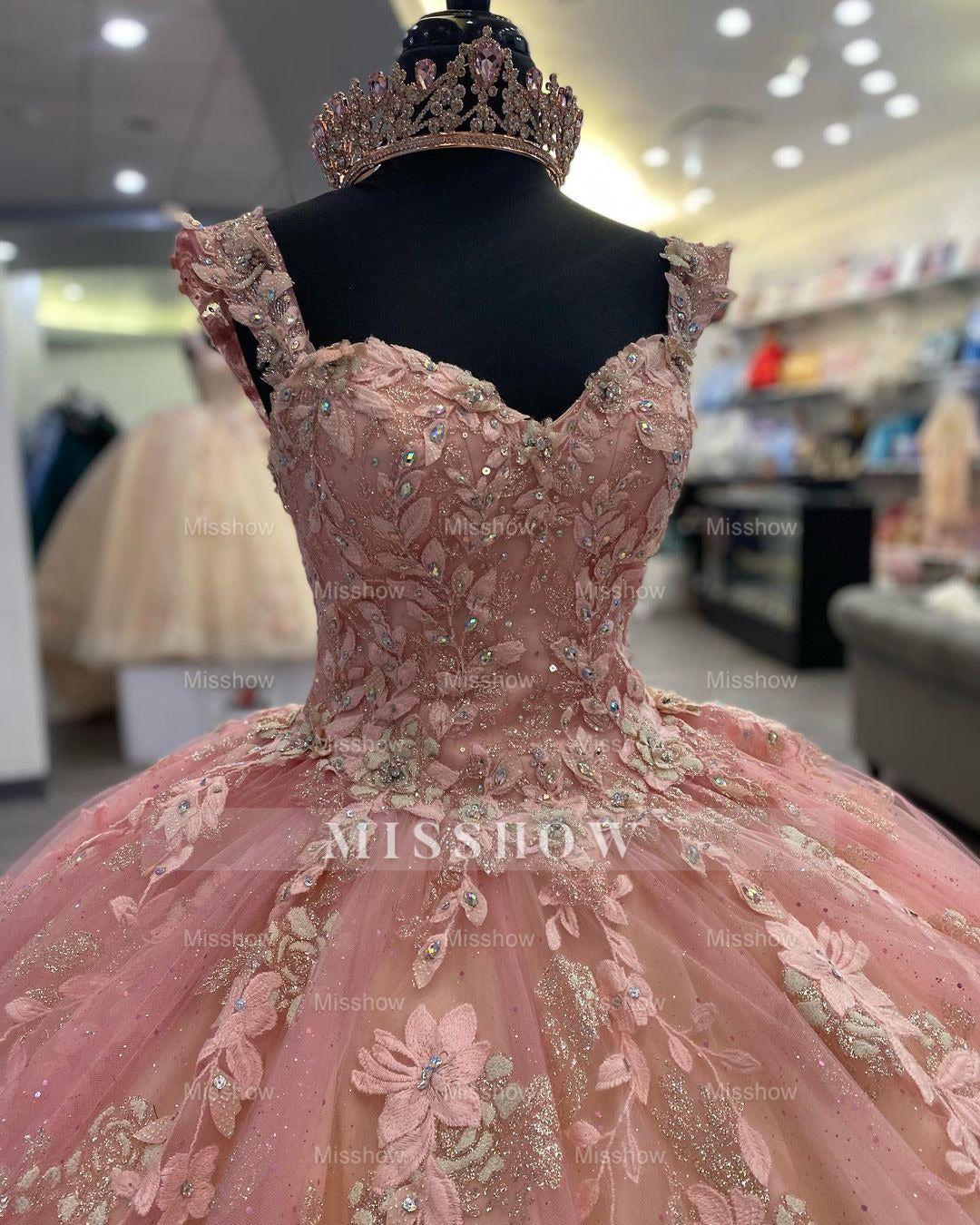 Misshow Sweetheart Neckline Ball Gown Sleeveless Lace Applique & Beaded Pink Tulle Princess Dress for Quinceanera Sweet 16 or Birthday Parties