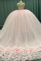 Misshow Sweetheart Neckline Ball Gown with Beaded Appliques Baby Pink Tulle Quinceanera & Sweet 16 Formal Evening Dress