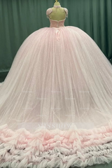 Misshow Sweetheart Neckline Ball Gown with Beaded Appliques Baby Pink Tulle Quinceanera & Sweet 16 Formal Evening Dress