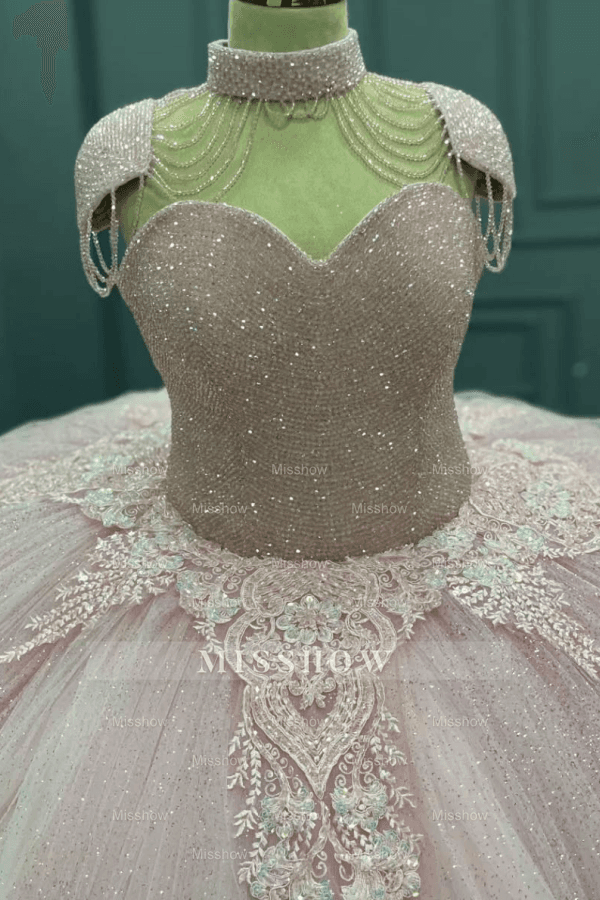 Misshow Sweetheart Neckline Ball Gown with Beaded Appliques Baby Pink Tulle Quinceanera & Sweet 16 Formal Evening Dress
