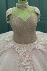 Misshow Sweetheart Neckline Ball Gown with Beaded Appliques Baby Pink Tulle Quinceanera & Sweet 16 Formal Evening Dress