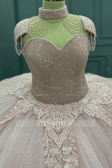 Misshow Sweetheart Neckline Ball Gown with Beaded Appliques Baby Pink Tulle Quinceanera & Sweet 16 Formal Evening Dress