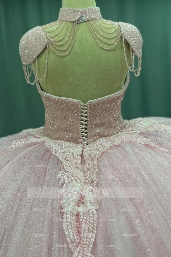 Misshow Sweetheart Neckline Ball Gown with Beaded Appliques Baby Pink Tulle Quinceanera & Sweet 16 Formal Evening Dress