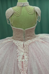 Misshow Sweetheart Neckline Ball Gown with Beaded Appliques Baby Pink Tulle Quinceanera & Sweet 16 Formal Evening Dress