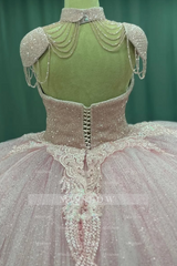 Misshow Sweetheart Neckline Ball Gown with Beaded Appliques Baby Pink Tulle Quinceanera & Sweet 16 Formal Evening Dress