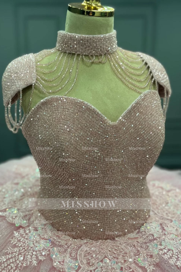 Misshow Sweetheart Neckline Ball Gown with Beaded Appliques Baby Pink Tulle Quinceanera & Sweet 16 Formal Evening Dress