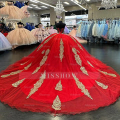 Misshow Sweetheart Neckline Long Sleeve Gold-Embellished Red Tulle Quinceanera Dress Stunning 16th Birthday Party Gown