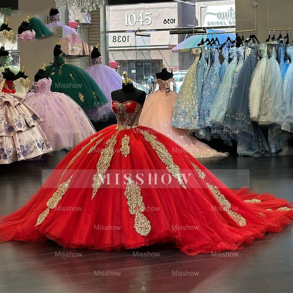 Misshow Sweetheart Neckline Long Sleeve Gold-Embellished Red Tulle Quinceanera Dress Stunning 16th Birthday Party Gown