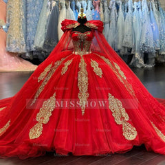Misshow Sweetheart Neckline Long Sleeve Gold-Embellished Red Tulle Quinceanera Dress Stunning 16th Birthday Party Gown