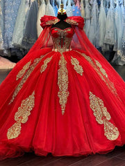 Misshow Sweetheart Neckline Long Sleeve Gold-Embellished Red Tulle Quinceanera Dress Stunning 16th Birthday Party Gown