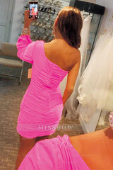 Misshow Tight Fuchsia Ruched Homecoming Dress/Mini Dress with Sleeves