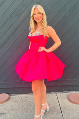 Misshow Trendy Fuchsia Corset A Line Strapless Short Homecoming Dress/Mini Dress with Beadings