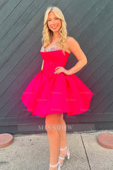 Misshow Trendy Fuchsia Corset A Line Strapless Short Homecoming Dress/Mini Dress with Beadings