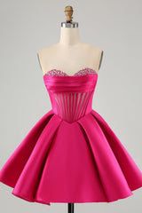 Misshow Trendy Fuchsia Corset A Line Strapless Short Homecoming Dress/Mini Dress with Beadings