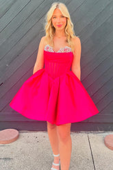 Misshow Trendy Fuchsia Corset A Line Strapless Short Homecoming Dress/Mini Dress with Beadings