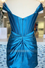 Misshow Turquoise Corset Off the Shoulder Ruched Tight Homecoming Dress/Mini Dress