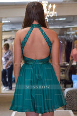 Misshow Turquoise Halter Open Back Short Homecoming Dress/Mini Dress with Sequins