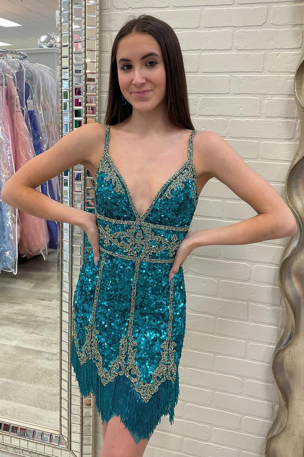 Misshow Turquoise Sequined Homecoming Dress/Mini Dress With Fringes