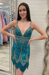 Misshow Turquoise Sequined Homecoming Dress/Mini Dress With Fringes