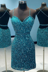 Misshow Turquoise Spaghetti Straps Sequins Homecoming Dress/Mini Dress