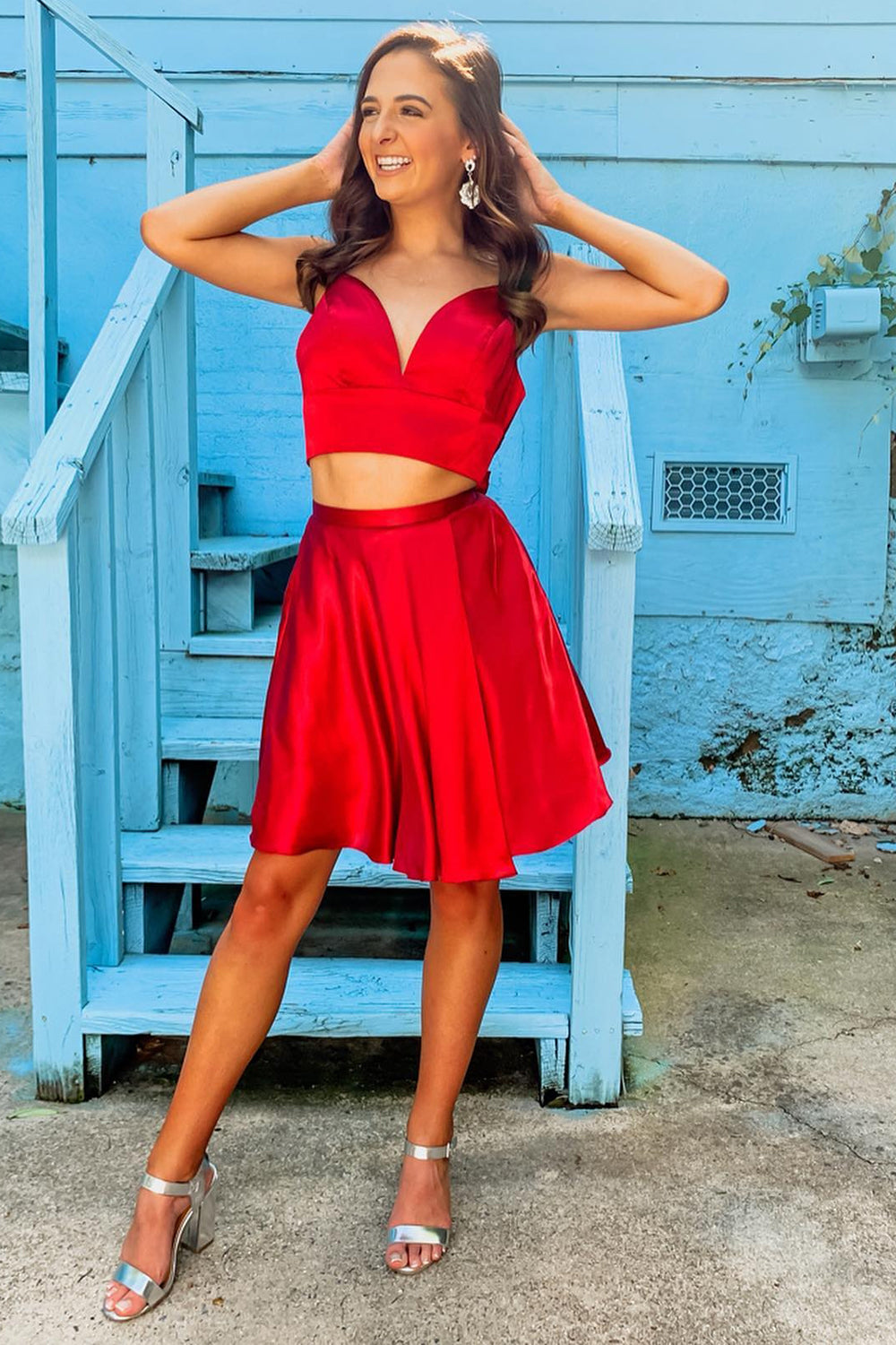Misshow Two Piece Red Short Homecoming Dress/Mini Dress with Bowknot