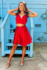 Misshow Two Piece Red Short Homecoming Dress/Mini Dress with Bowknot
