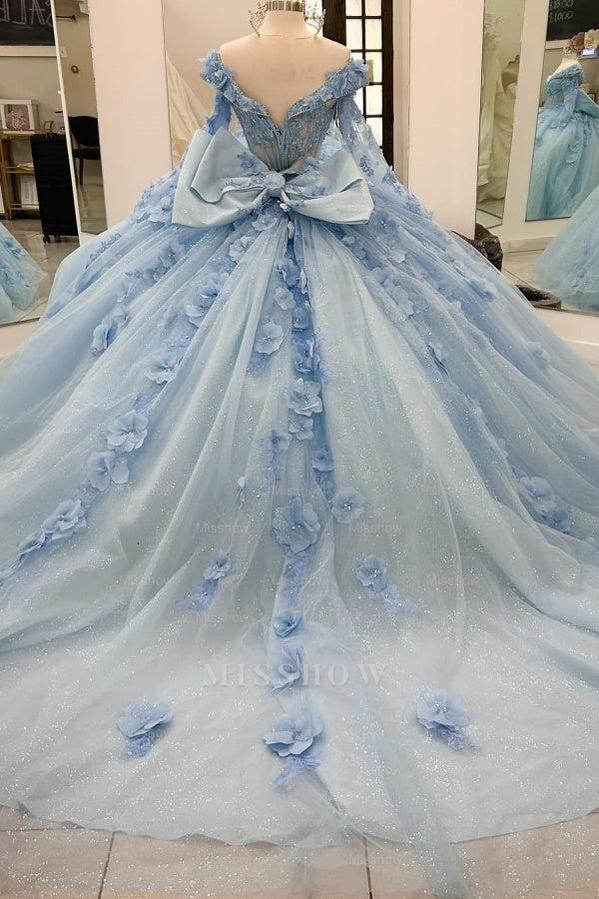Misshow V-Neck Ball Gown with Detachable Long Sleeves Sparkling Baby Blue Tulle Quinceanera Dress with 3D Floral Appliques for Sweet 16 Birthday & Formal Events