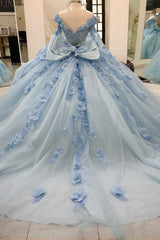Misshow V-Neck Ball Gown with Detachable Long Sleeves Sparkling Baby Blue Tulle Quinceanera Dress with 3D Floral Appliques for Sweet 16 Birthday & Formal Events