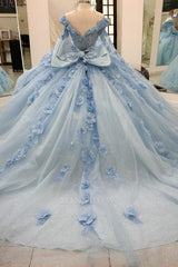 Misshow V-Neck Ball Gown with Detachable Long Sleeves Sparkling Baby Blue Tulle Quinceanera Dress with 3D Floral Appliques for Sweet 16 Birthday & Formal Events