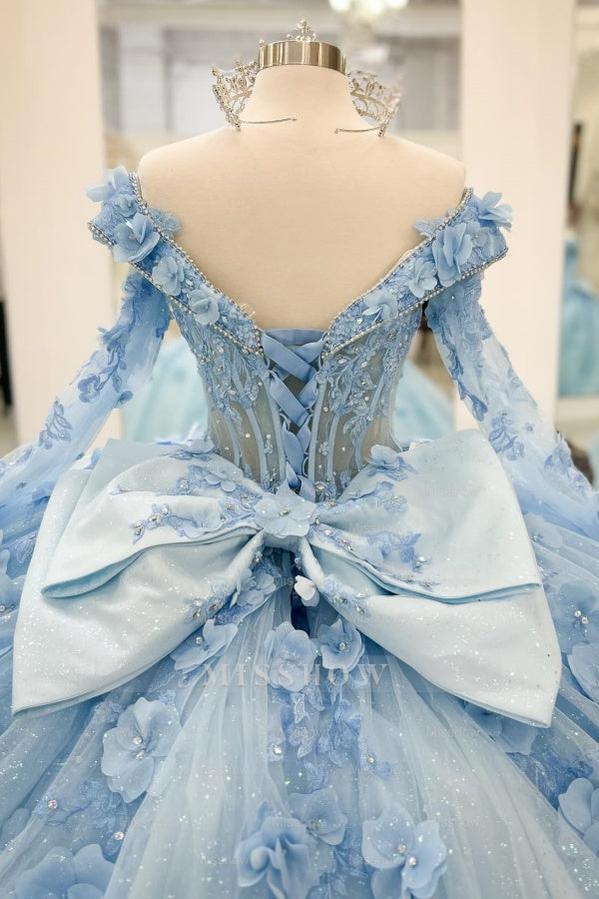 Misshow V-Neck Ball Gown with Detachable Long Sleeves Sparkling Baby Blue Tulle Quinceanera Dress with 3D Floral Appliques for Sweet 16 Birthday & Formal Events