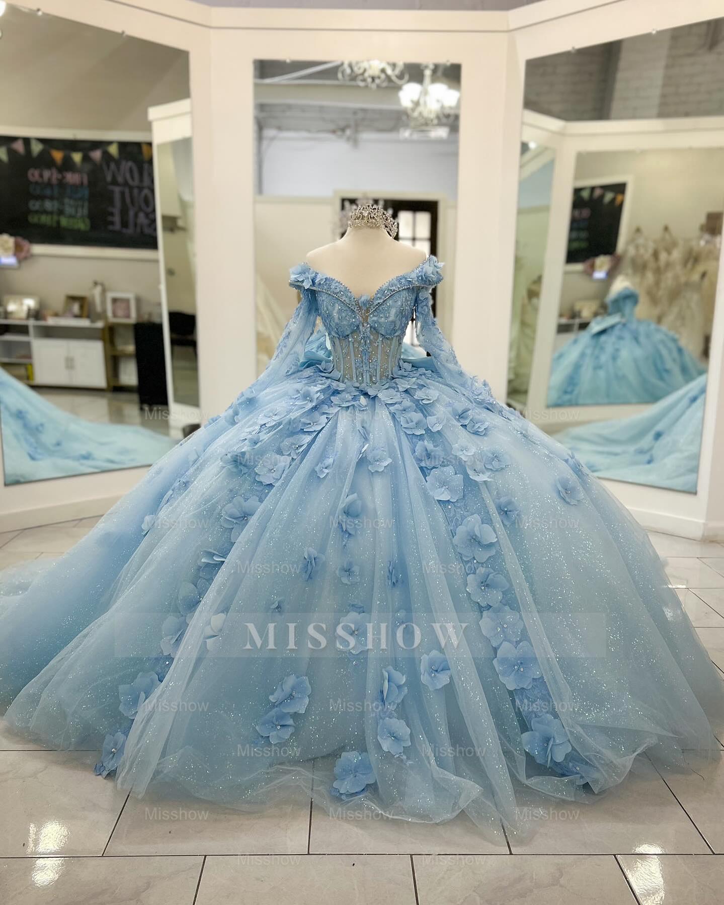Misshow V-Neck Ball Gown with Detachable Long Sleeves Sparkling Baby Blue Tulle Quinceanera Dress with 3D Floral Appliques for Sweet 16 Birthday & Formal Events