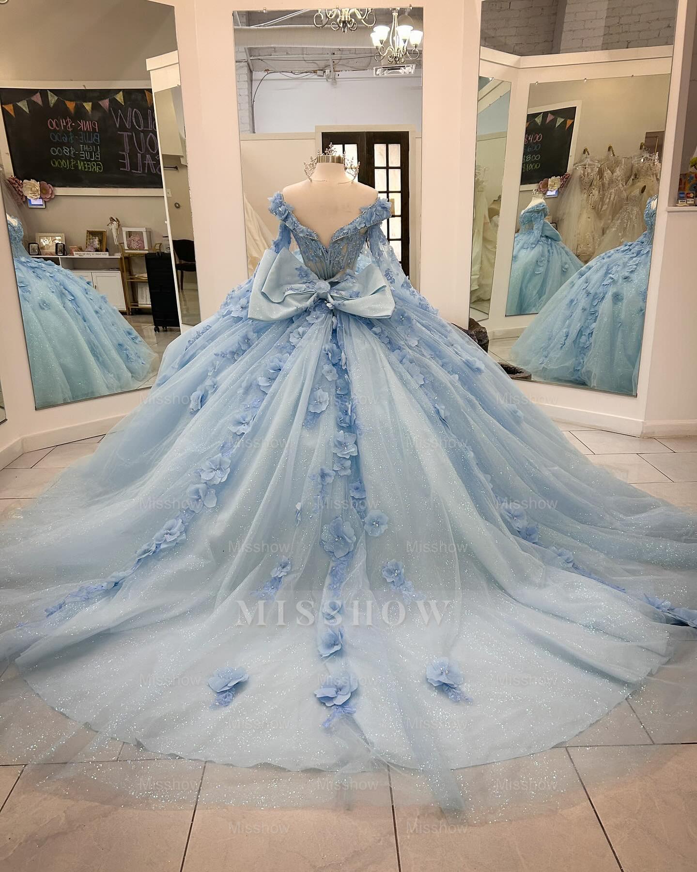 Misshow V-Neck Ball Gown with Detachable Long Sleeves Sparkling Baby Blue Tulle Quinceanera Dress with 3D Floral Appliques for Sweet 16 Birthday & Formal Events